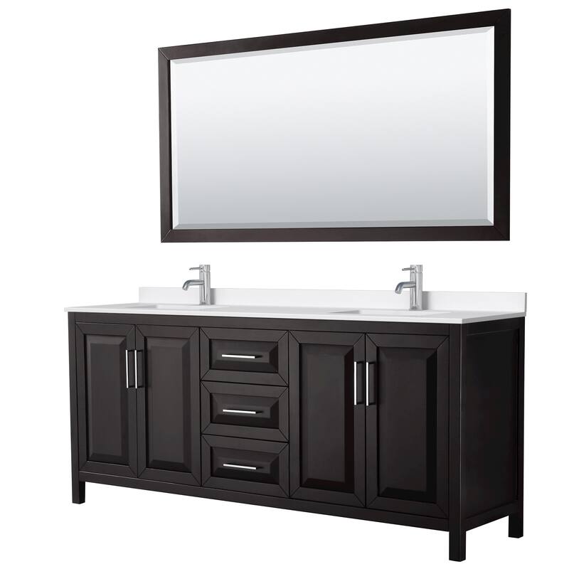 Daria 80-inch Double Vanity, Single Hole Quartz Top, 70-inch Mirror - Dark Espresso, Chrome Trim, White Quartz Top