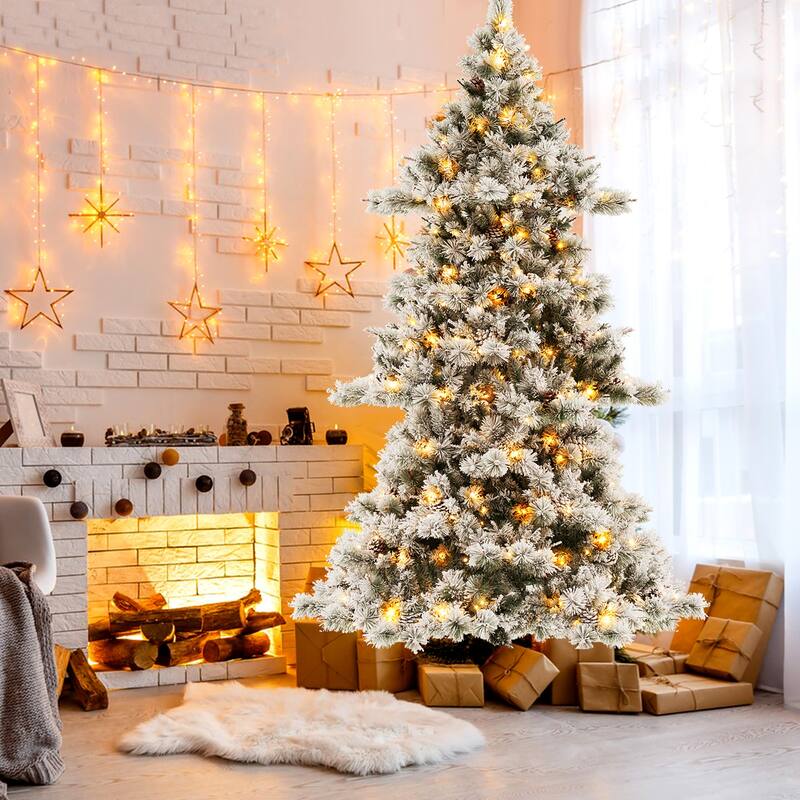 Gymax 7 FT Pre-Lit Snow-Flocked Christmas Tree Artificial Hinged Xmas - 7 Foot