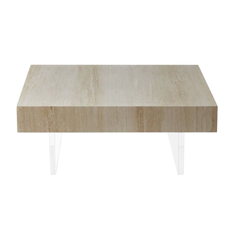 Square Faux Travertine Pattern Coffee Table for Living Room,Modern Design Coffee Table with Acrylic Legs for Office,Apartment