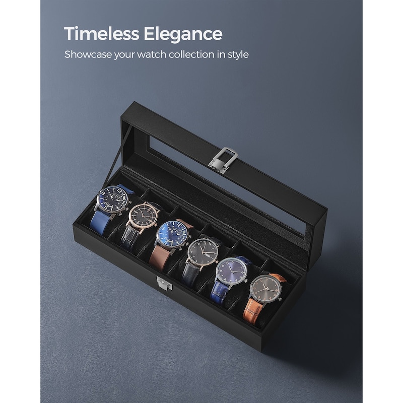 6-Slot Black Watch Display Box with Clear Glass Cover and Velvet Lining to Protect Your Collection - 4.4”D x 11.9”W x 3.1”H