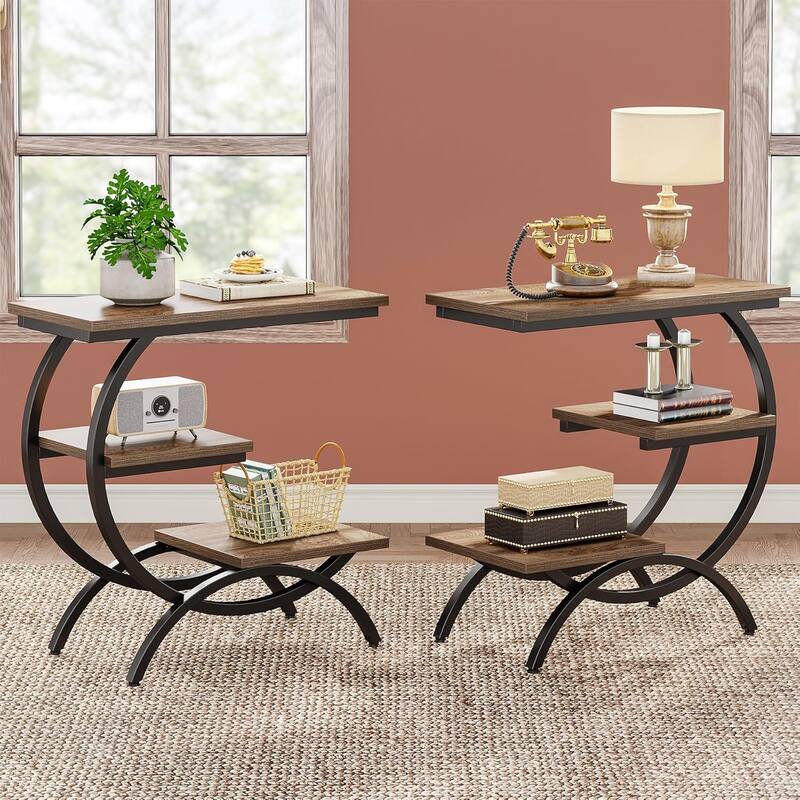 23.62 Inches Brown Wood C-Shaped End Table, 3-Tier Industrial Couch Side Table for Living Room - 2 Pcs - Oak
