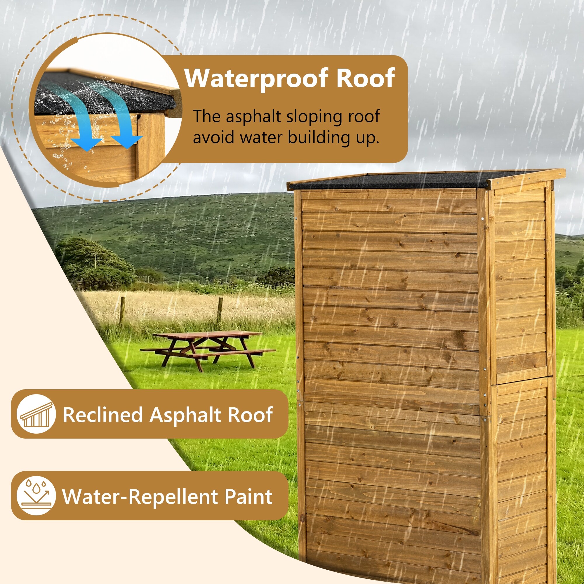 Wooden Outdoor Storage Cabinet with Lockable Door, Waterproof Roof