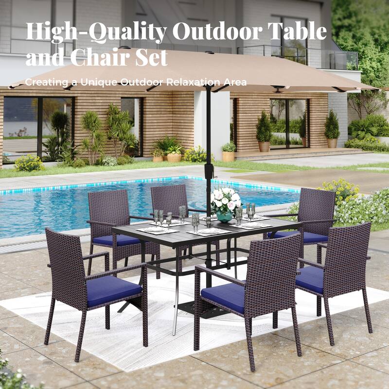 MAISON ARTS 7/8 Pieces Outdoor Patio Dining Set, 6 PE Rattan Chairs with Cushions and 1 Rectangle Metal Table