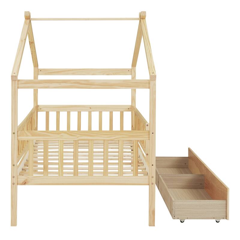 Wooden Twin Size House Bed Frame with 2 Drawers, Kids Playhouse Beds, Solid Pine Twin Creativity House Bed with Roof and Fence