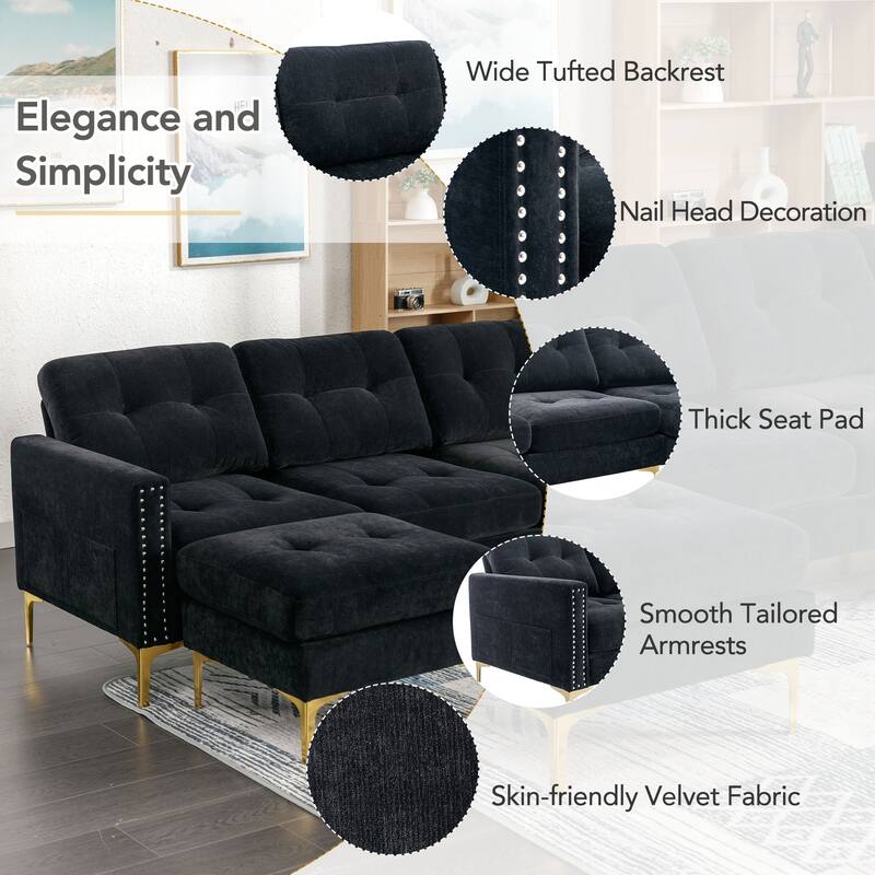 110.6" L-Shaped Convertible Velvet Sectional Sofa with Movable Ottoman and Storage Pockets for Living Room