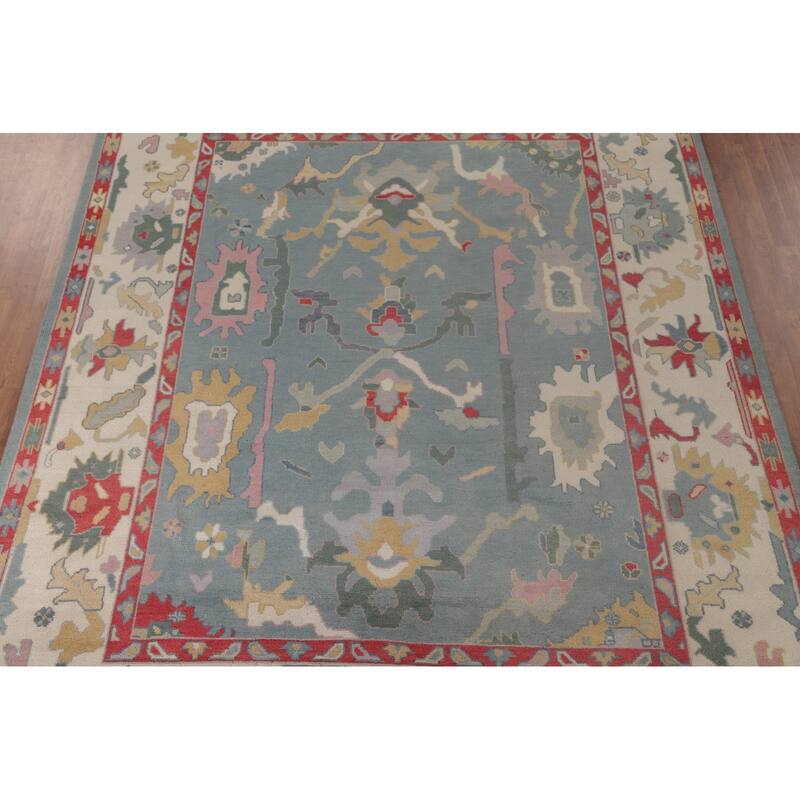 Light Blue Oushak Area Rug Hand-Knotted Transitional Wool Carpet - 9'1" x 11'9"