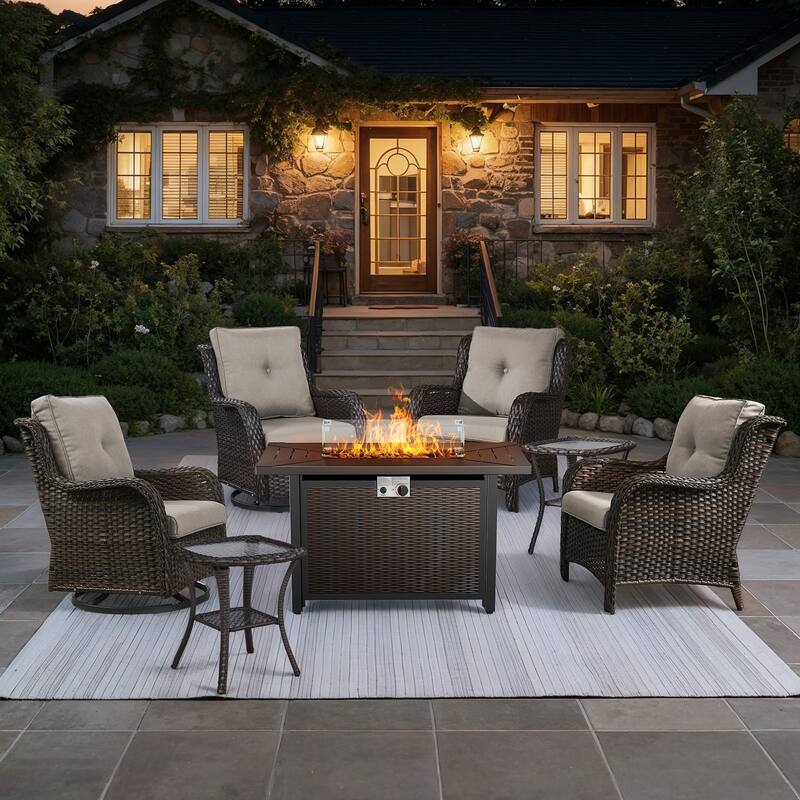Gymojoy 7-Piece Outdoor Set with Fire Pit Table, Swivel Chairs & Side Tables for Patio - Brown Wicker / Beige Cusion - 7-Piece