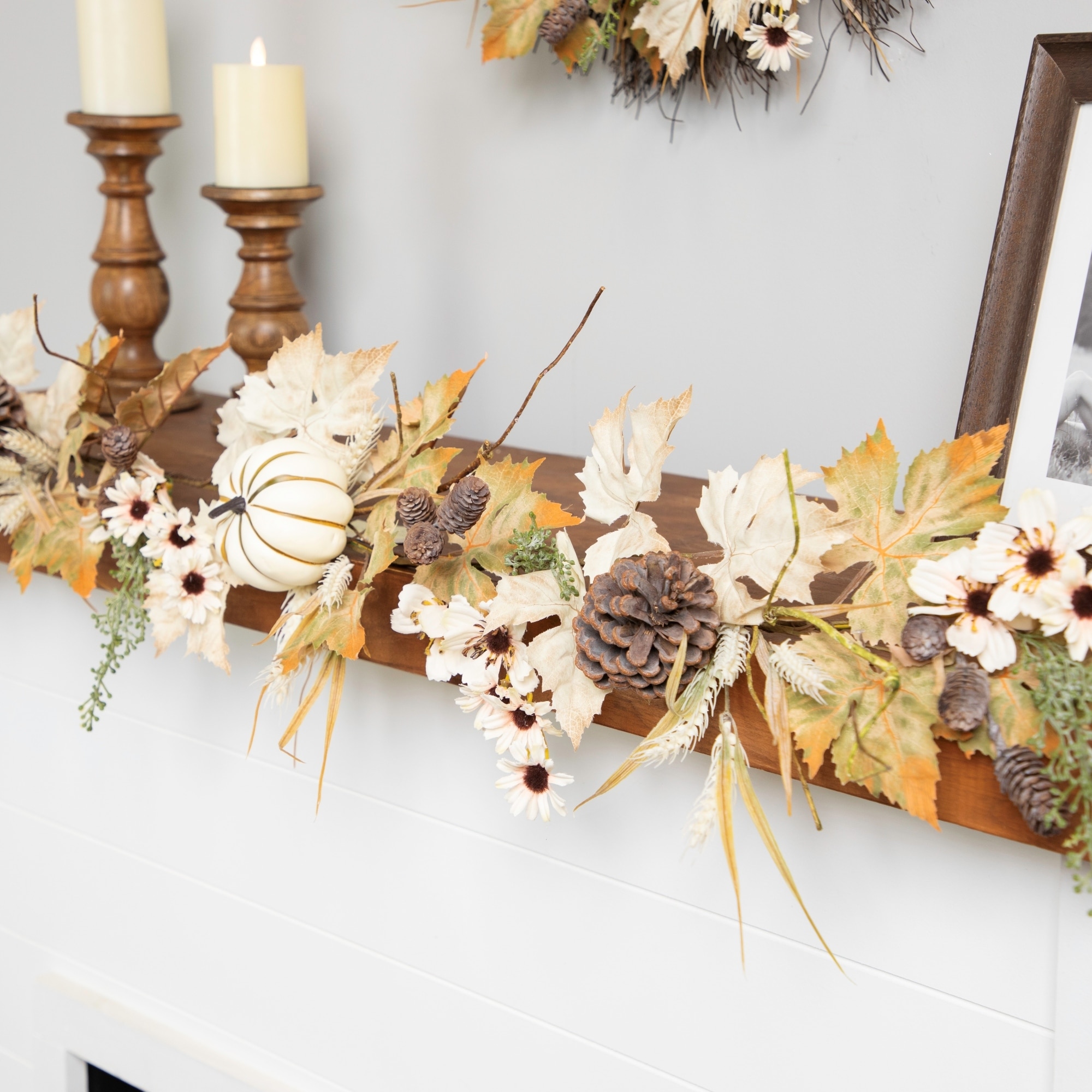 Pumpkin, Pinecone Wheat Artificial Floral Fall Harvest Garland 5' X 6"