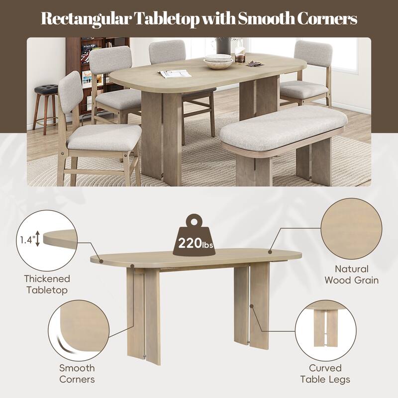 Roomfitters 6-Piece Solid Wood Dining Table Set with Upholstered Bench and 4 Chairs, Farmhouse Style, Natural