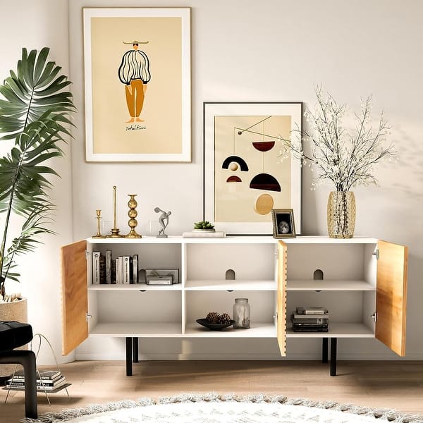 Roomfitters Mid Century TV Stand for TV's up to 65" with Wood Carved Geometric Designs, Media Console Entertainment Center - 59"