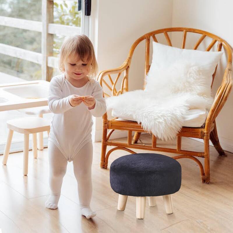 Plush Faux Fleece Round Ottoman Footstool with Wooden Legs and Cozy Seat for Living Room