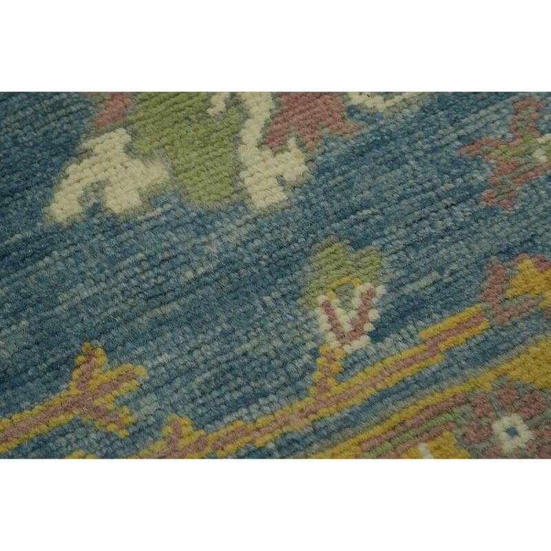 Floral Blue Oushak Vegetable Dye Area Rug, Floral Geometric Carpet - 9' 10'' X 8' 3''