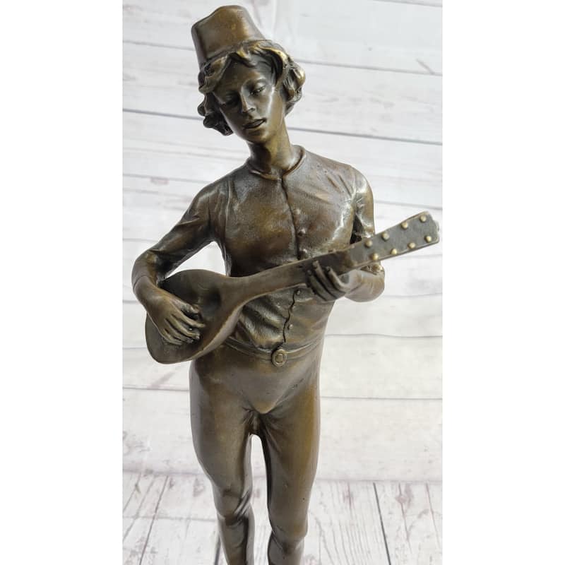 Mandolin Banjo Player Guitar Musician Bronze Sculpture Statue Figure Marble Base 17 Inches X 4.5 Inches