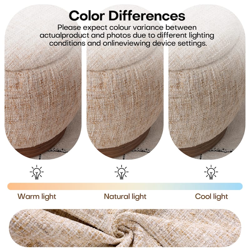 Round Storage Pouf Ottoman Footstool with Flip-top and Acacia Frame