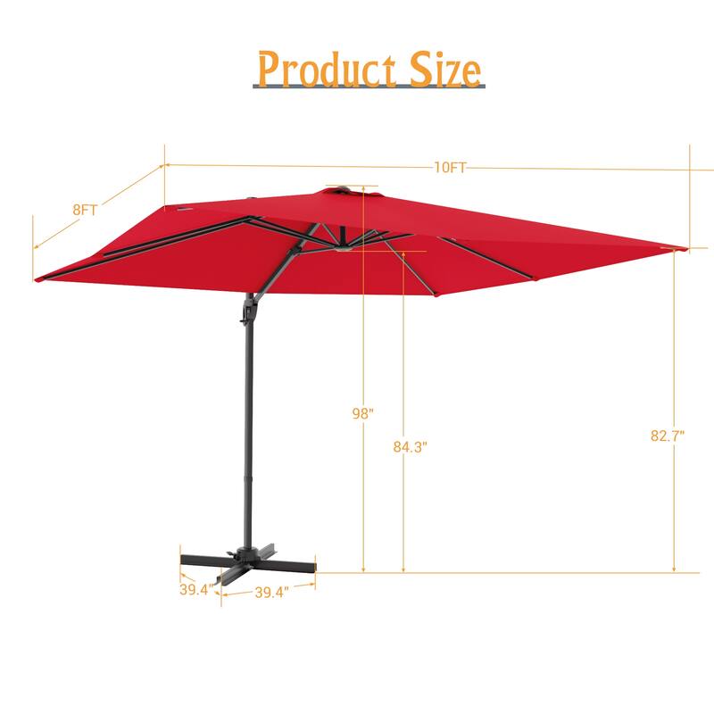 LIVOOSUN 10x8FT Rectangle Cantilever Umbrella Patio Offset Umbrella For Outdoor Space, Solution-Dyed Fabric, 360° Rotation