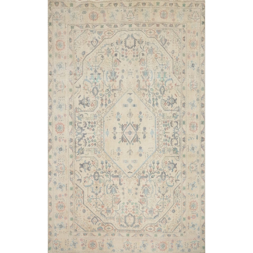 Hand Knotted Oriental 100% Wool Carpet Traditional Floral Beige & Ivories Tabriz Area Rug - 10' 5'' X 7' 10''