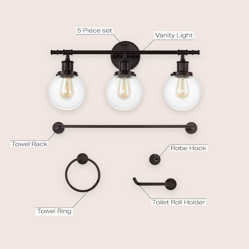Avalon 24.5" 3-Light Farmhouse Classic Vanity Light with Bathroom Hardware Accessory Set, (5-Piece) by JONATHAN Y