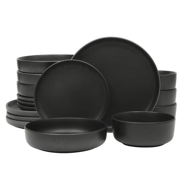 Gibson Soho Lounge Pasco 16 Piece Double Bowl Reactive Glaze Dishes Stoneware Ceramic Dinnerware Set - Black