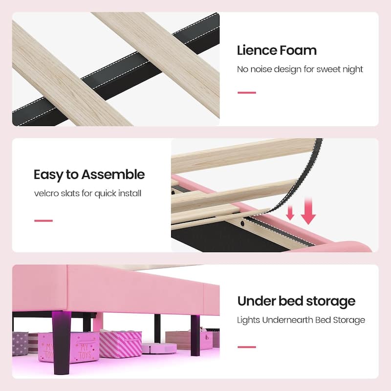 Bed Frame LED Lights Girls Bed Princess Crown Velvet Upholstered Platform Bed