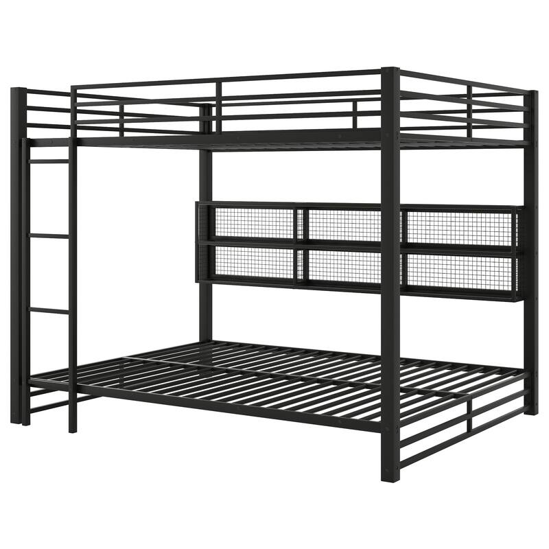 Queen over Queen Metal Bunk Bed with LED Lights and Storage Cabinets Black