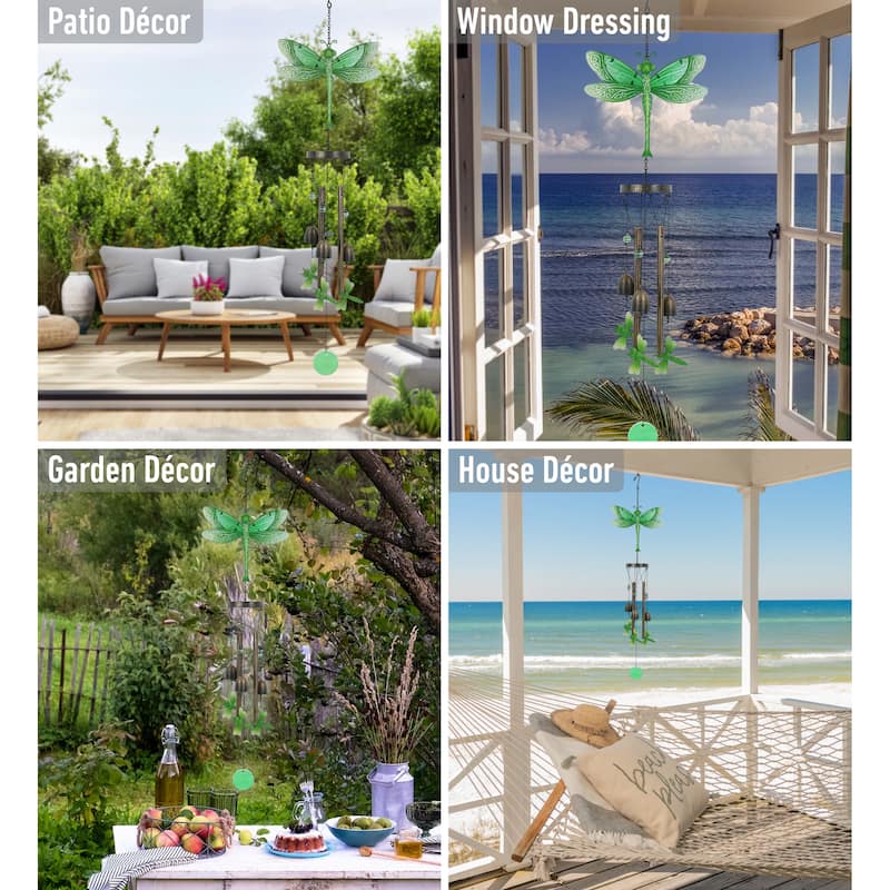 CoTa Global Green Garden Dragonfly Wind Chime – Glass and Metal Chime - 35 inches