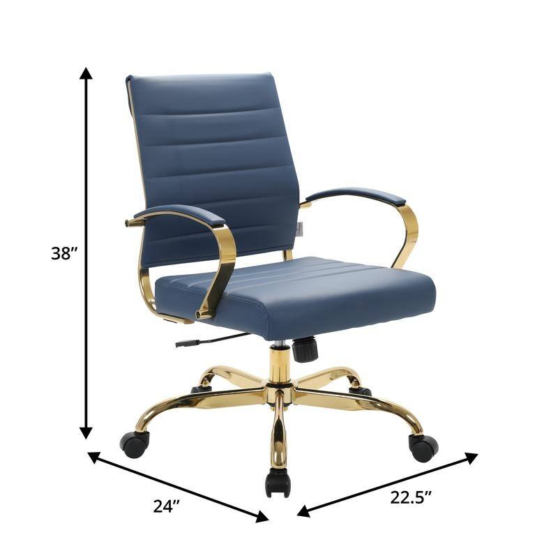 Benmar Mid-Back Leather Office Desk Chair in Gold Stainless Steel Frame Adjustable Height Tilt Lock 360 Swivel Ergonomic Chair
