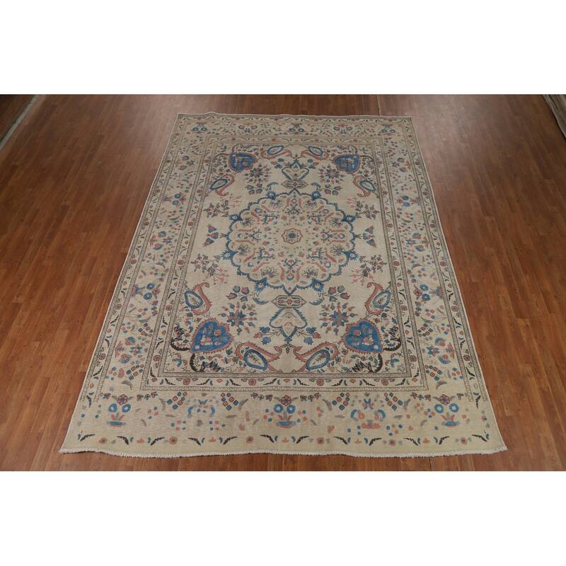 Floral Tabriz Persian Area Rug Traditional Beige Handmade Wool Carpet - 8'1"x 10'11"