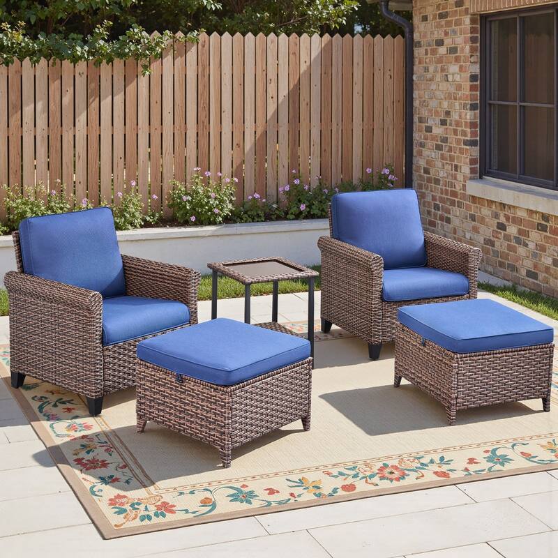 Pocassy Outdoor Sofa Swivel Chairs Patio Chair Funiture Set - 5PCS Patio Chair Ottoman w/ Table - Brown Wicker Beige Cushion