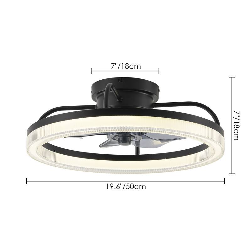 Modern Black Wheel Ring Semi-Flush Color-Change Integrated LED Ceiling Fan Lighting w/ Remote Control