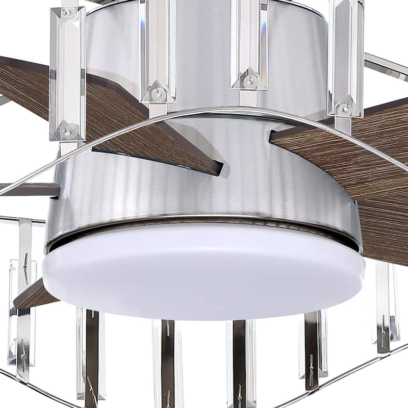 27" Modern Flush Mount Ceiling Fan Caged Crystal Fandelier Low Profile Ceiling Fan in Brushed Nicke