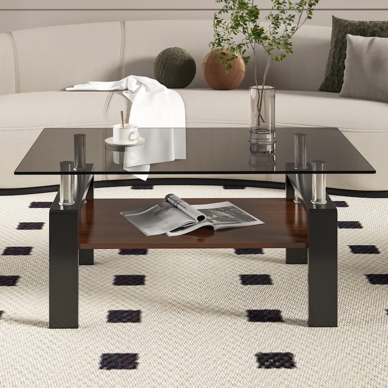 Modern Coffee Table Rectangular Coffee Table Stylish Coffee Table with Tempered Glass Top, for Living Room - Grey