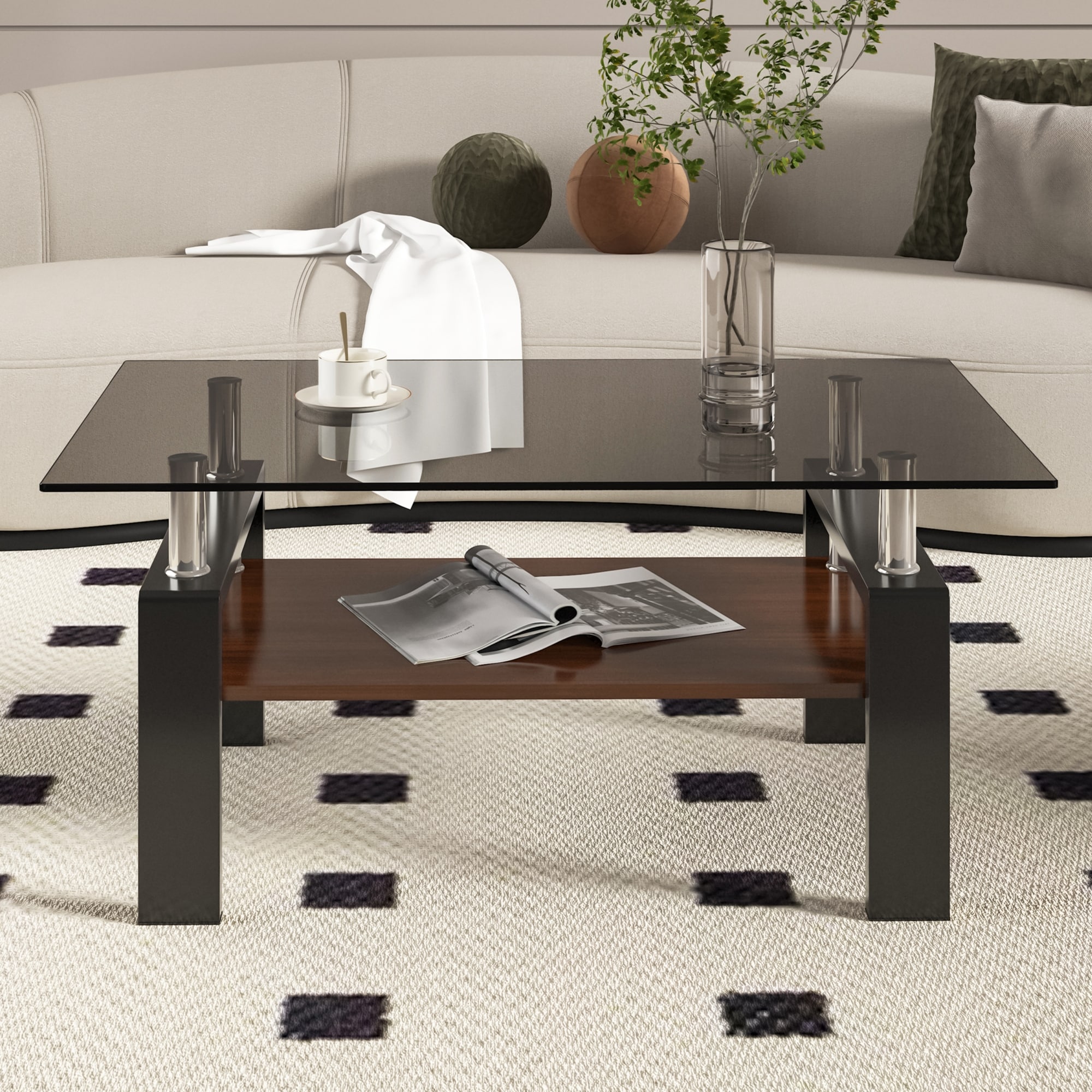 Modern Coffee Table Rectangular Coffee Table Stylish Coffee Table with Tempered Glass Top, for Living Room