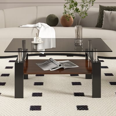 Rectangle Coffee Table, Tempered Glass Tabletop with MDF Layer, Modern Table for Living Room , Gray Glass