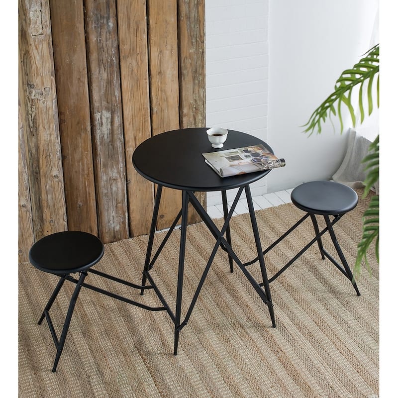 Black Foldable Side Table and Stool Set with Shelves