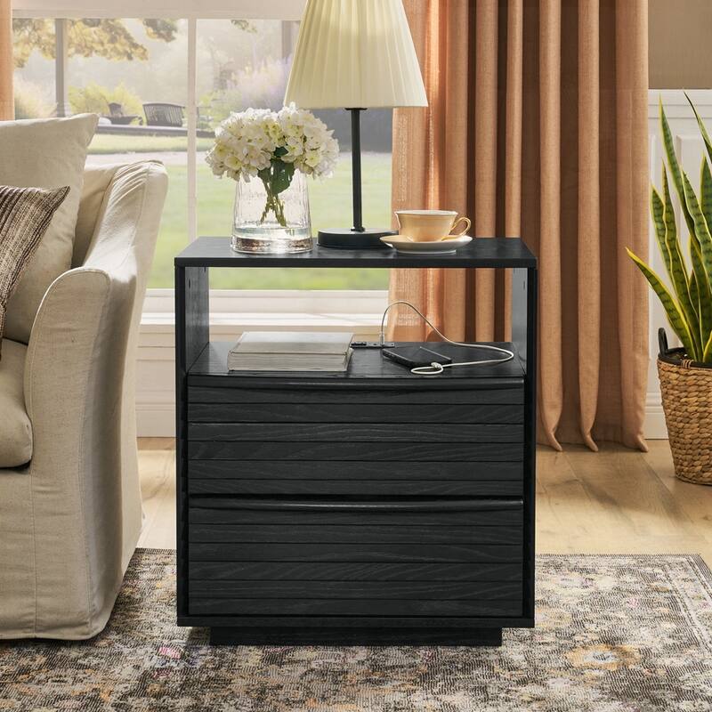 Nightstand with Charging Station and 2 Solid Wood Drawers - Black - 2-drawer