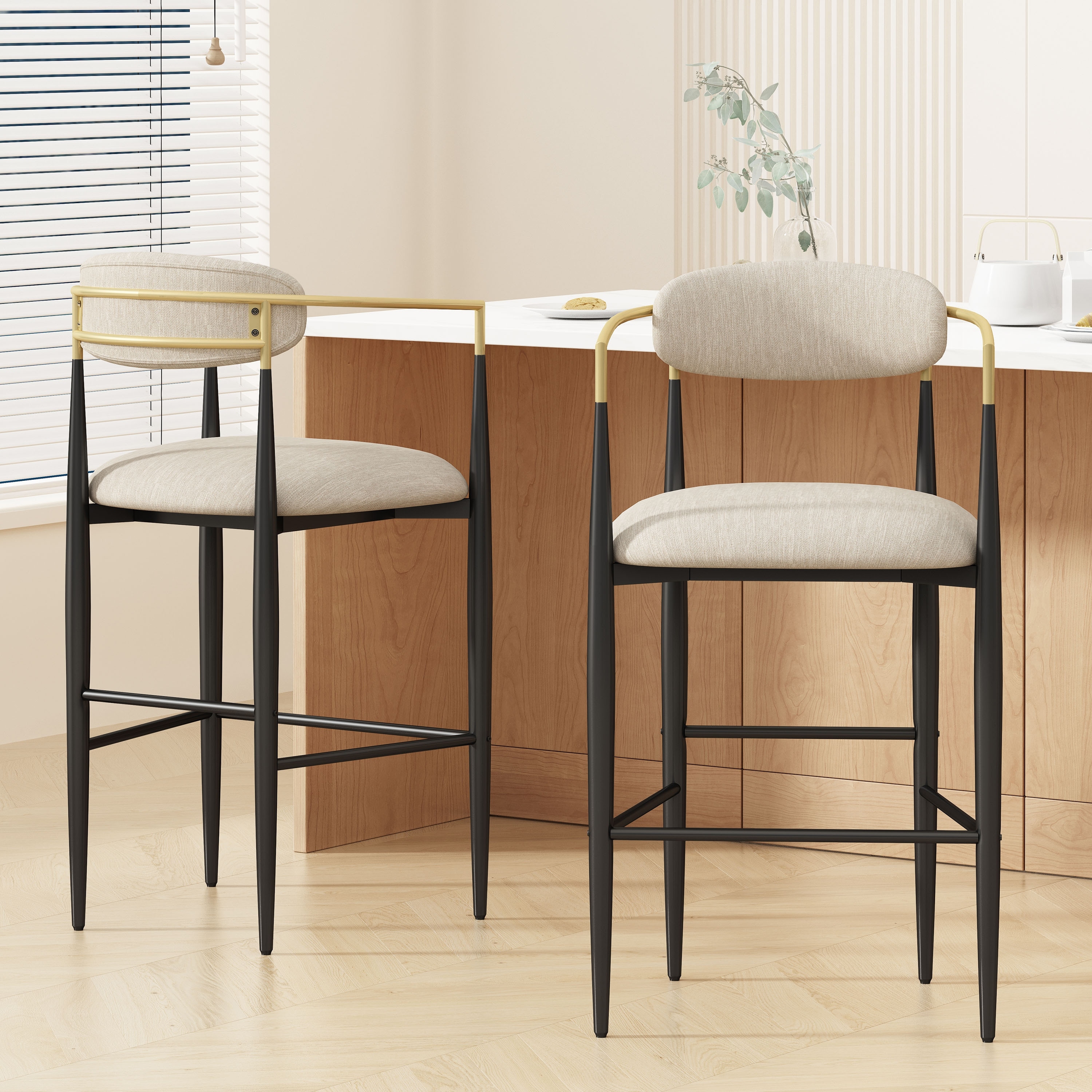 Modern Barstools Set of 2, Upholstered Bar Stools with Curved Backrest and Iron Base