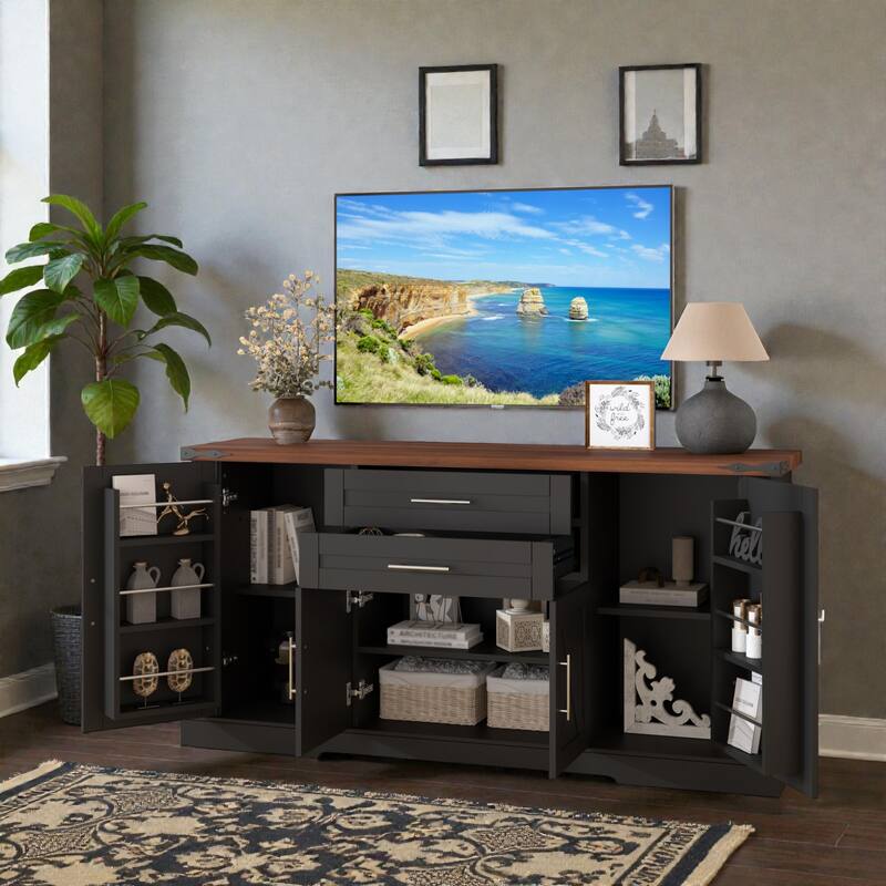 63 Inch Farmhouse Barn Door Buffet Cabinet with Drawers, Coffee Bar Storage Console with Adjustable Shelves