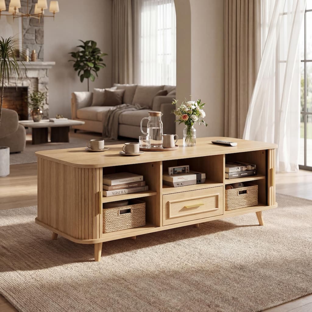 Roomfitters Mid-Century Modern Coffee Table with Tambour Sliding Doors and Storage Drawer Scandinavian Center Table