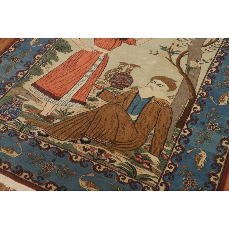 Hand Knotted Oriental 100% Wool Carpet Traditional Pictorial Green Kashan Area Rug - 6' 8'' X 4' 6''