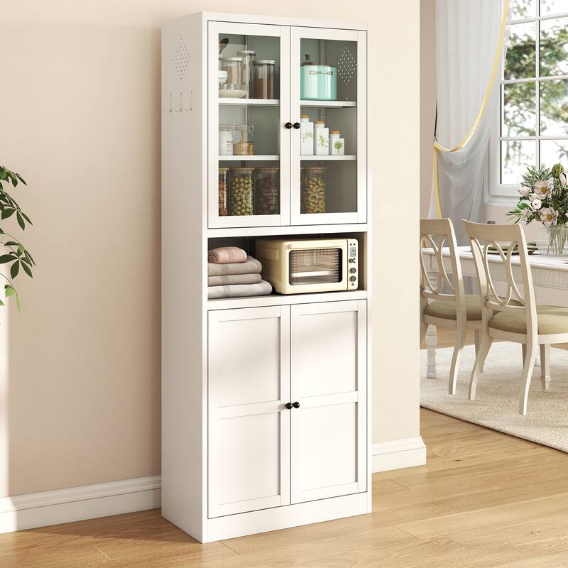 Metal Kitchen Pantry Cabinet - 72" Tall Storage with Adjustable Shelves, Heavy Duty Stainless Steel Frame, Freestanding Cabinet - White