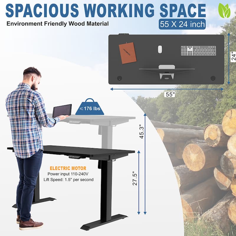 Futzca Height Adjustable Electric Standing Desk Sit Stand Computer Stand up Desk with Splice Board(Black)
