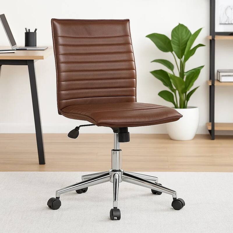 Haily Rolling Armless Commercial Grade Chair with Chrome Base, Brown Vinyl