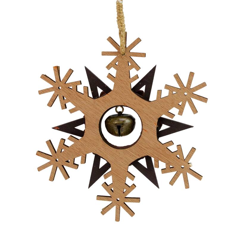 Wooden Snowflake Christmas Ornament with Jingle Bell - 6" - Brown and Beige
