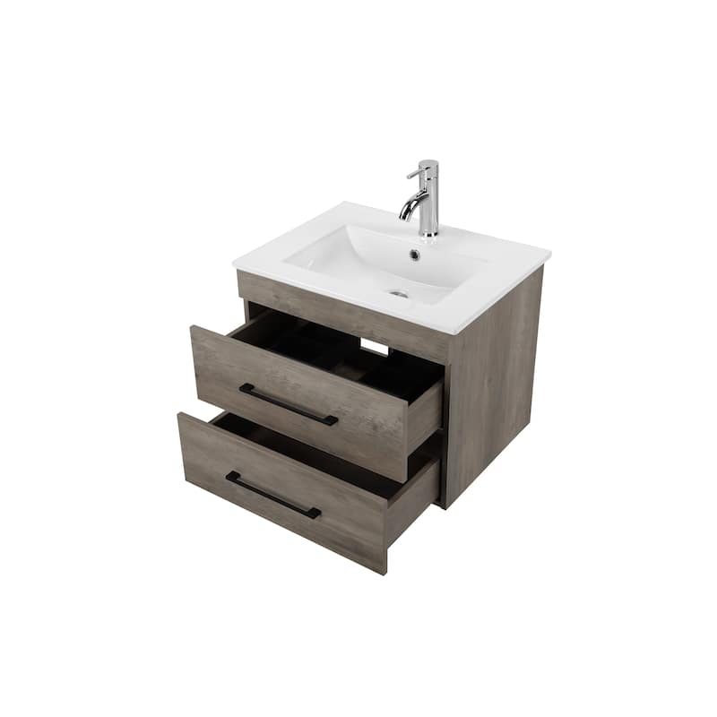 24" Bathroom Vanity with Drawers, Soft-Close, White Sink and Mirror