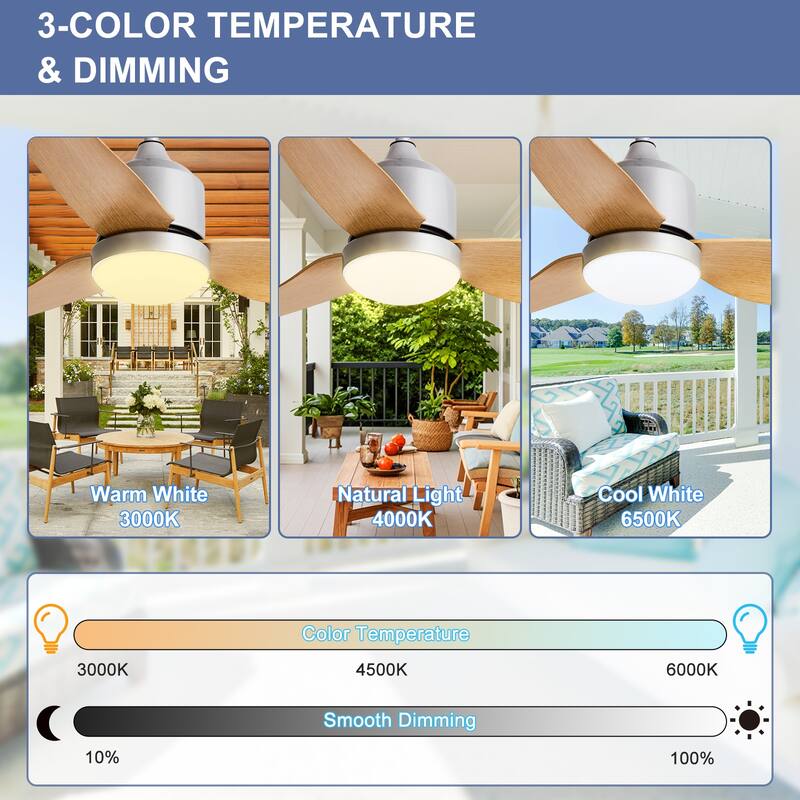Outdoor Ceiling Fan with Light: 42-52 Inch Hanging - Plug in Waterproof Fans for Patio - Dimmable Remote App Control Black