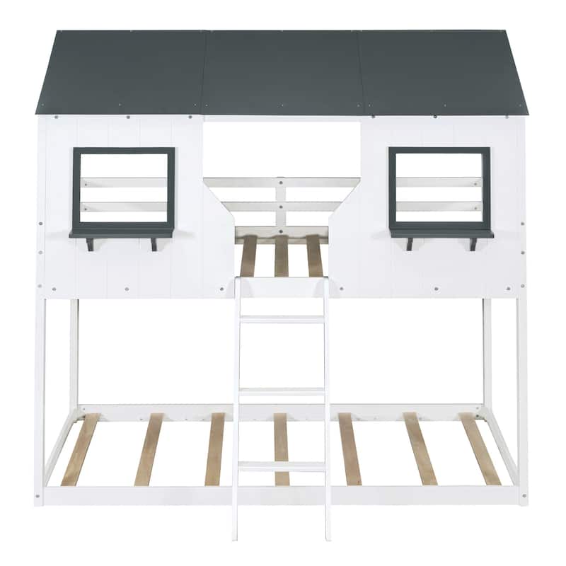 Twin Over Twin Bunk Bed Wood Bed with Roof, Window, Guardrail, Ladder (White)(OLD SKU :LP000056AAK) - N/A