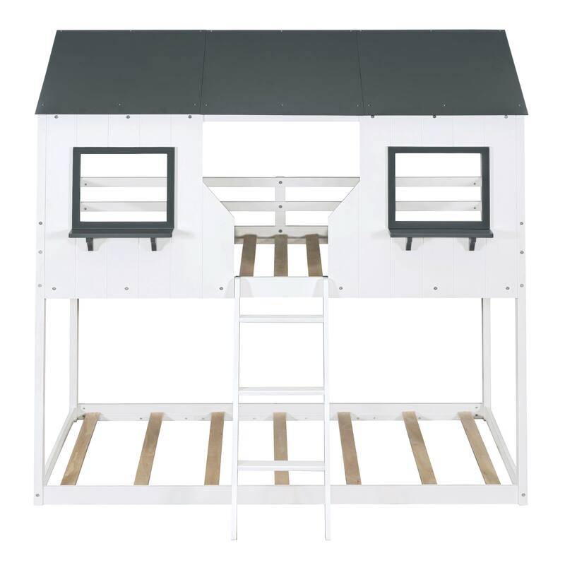 Twin Over Twin House Bunk Beds with Roof and Window, Floor Bunk Bed, Wooden Playhouse Bedframe with Safety Guardrails and Ladder