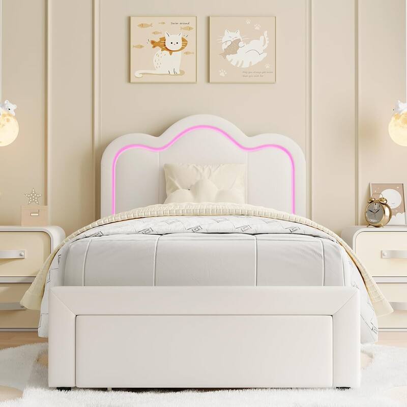 Twin Size Upholstered Bed Frame with RGB LED Light Height Adjustable Headboard, Drawer