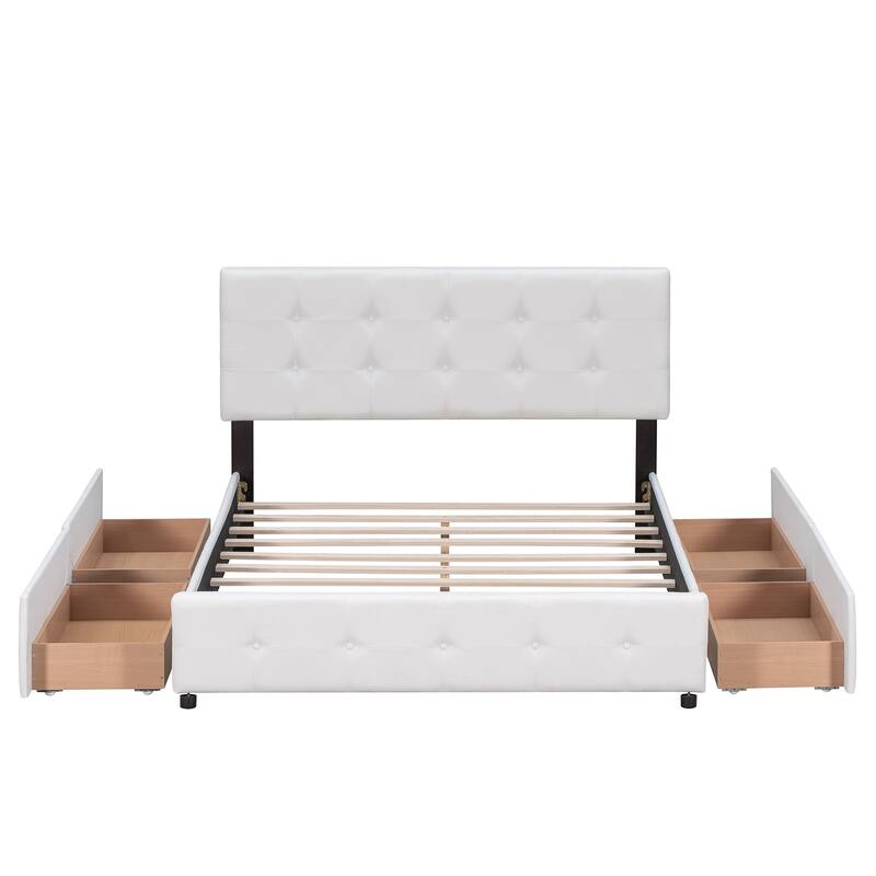Queen Linen Upholstered Platform Bed with Tufted Headboard & 4 Drawers