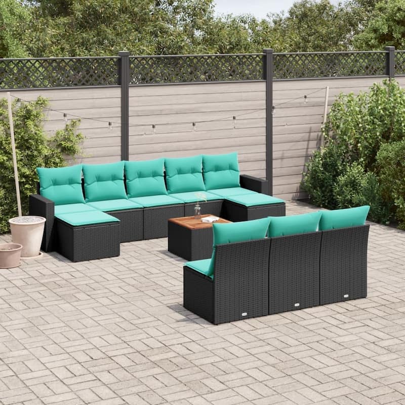 vidaXL 11 Piece Patio Sofa Set with Cushions Black Poly Rattan - 21.7 x 24.4 x 27.2 (W x D x H)